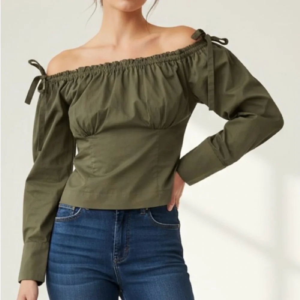 DO+BE Moss Green Off-the-Shoulder Puff Sleeve Tie-Strap Blouse (Size M) - Picture 1 of 5